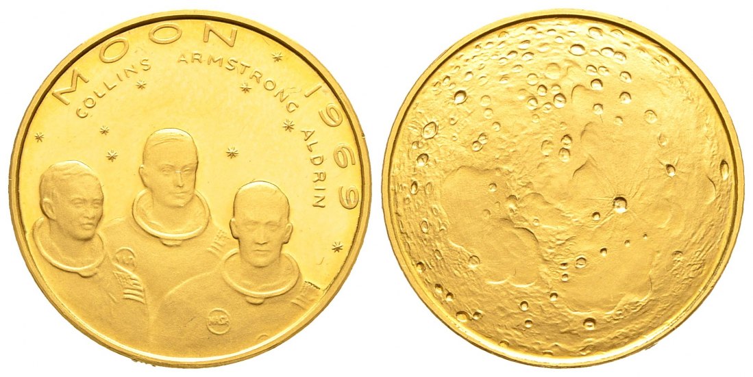 PEUS 9566 Welt 6,9 g Feingold. Collins, Armstrong, Aldrin / Mondansicht Medaille GOLD 1969 Vorzüglich