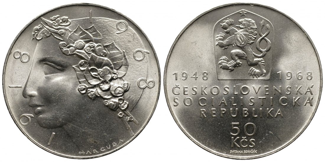 PEUS 9572 Tschechoslowakei 18 g Feinsilber. 50 Jahre CZE + 20 Jahre Volksrepublik 50 Korun SILBER 1968 Fast Stempelglanz