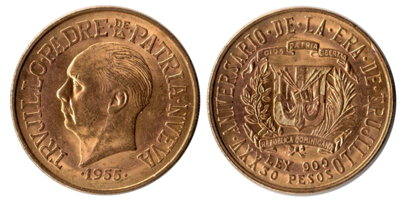 Dominikanische Rep. MM-Frankfurt Feingold: 26,66g 30 Pesos  25th Anniv. of Trujillo regime 1955 