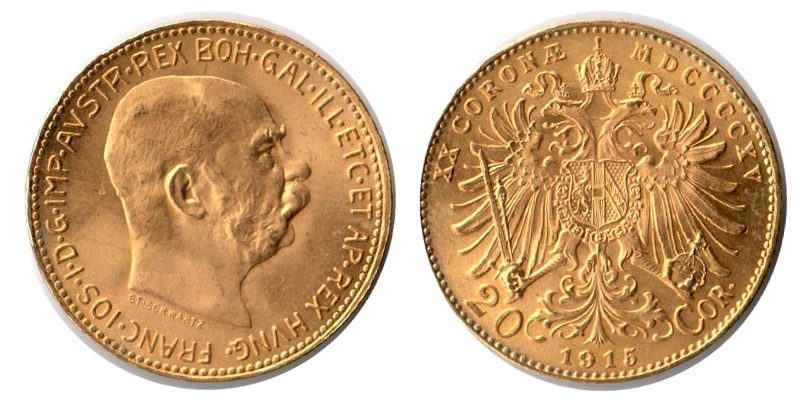 Österreich MM-Frankfurt Feingold: 6,10g 20 Kronen  Franz Joseph I 1915 Restrike 