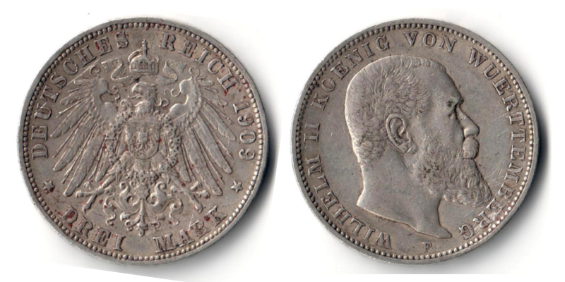  Württemberg, Kaiserreich  3 Mark  1909 F Wilhelm II. 1891-1918   FM-Frankfurt Feinsilber: 15g   