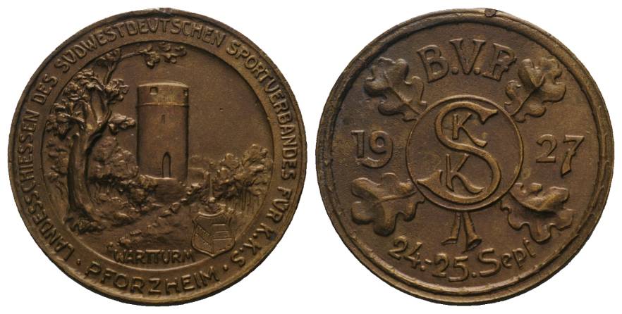  Pforzheim, Bronzemedaille, Südwestdeutscher Sportverband, 1927 ; 14,05 g, Ø 32,98 mm   