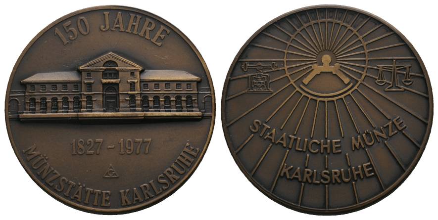  Karlsruhe, Münzstätte, 1827-1977, Bronzemedaille; 28,01 g, Ø 40,52 mm   