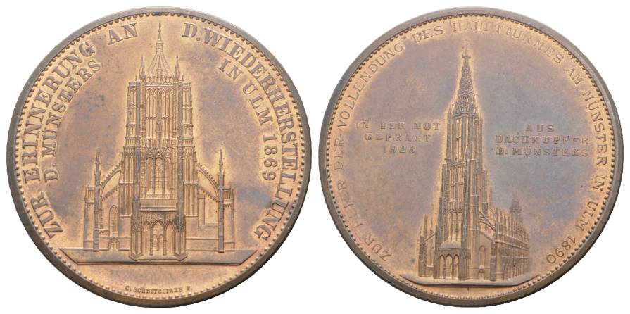  Ulmer Münster, Bronzemedaille, Wiederherstellung, 1923; 31,31 g; Ø 41,25 mm   