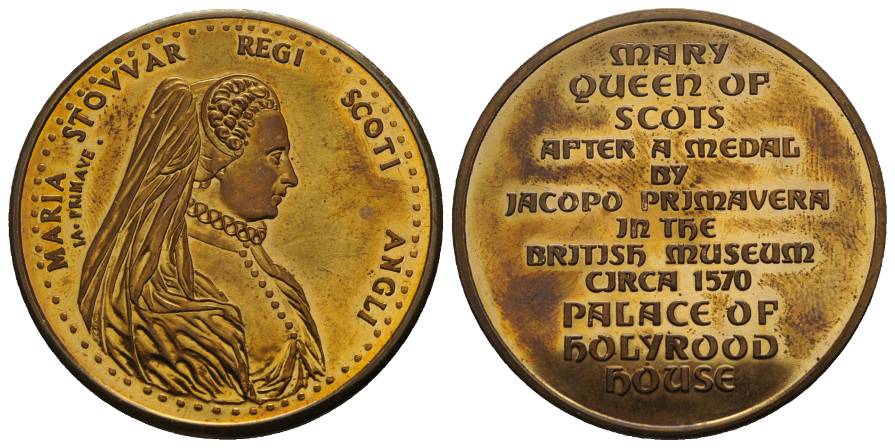  Schottland, Maria Stuart, Jacopo Primavera, 1570; vergold. Bronzemedaille; 33,79 g; Ø 44,59   