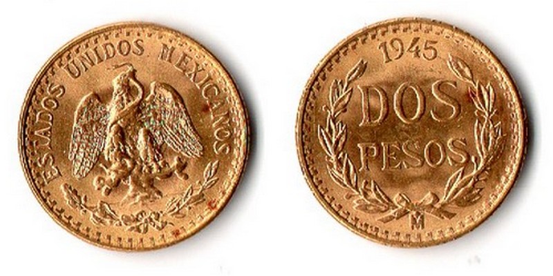Mexiko  2 Pesos  1945 MM-Frankfurt Feingold: 1,5g   