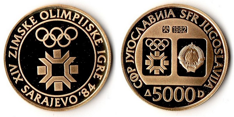 Jugoslawien  5000 Dinara  1982 MM-Frankfurt Feingold: 7,20g 1984 Winter Olympics  