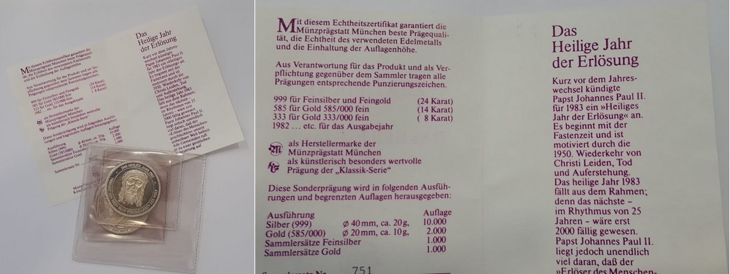  BRD  3 x Silbermedaillen   Das Heilige Jahr der Erlösung  1983 FM-Frankfurt   Feinsilber: ca. 60g   