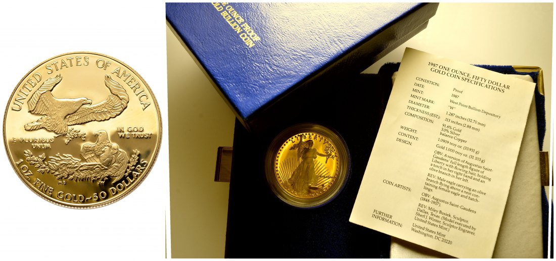 PEUS 9552 USA 31,1 g Feingold. Amercian Eagle Bullion Coin incl. Etui, Verpackung und Zertifikat 50 Dollars GOLD Unze 1987 Proof (in Kapsel)