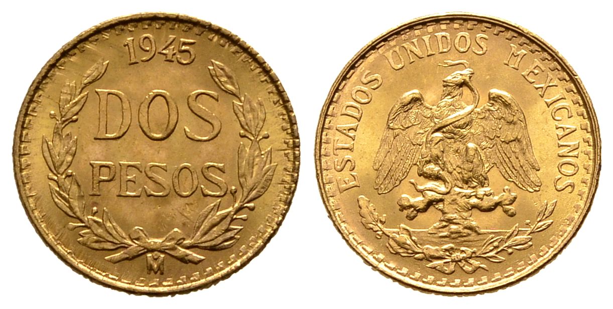PEUS 8838 Mexiko 1,5 g Feingold 2 Pesos GOLD 1945 M Kl. Kratzer Vorzüglich +