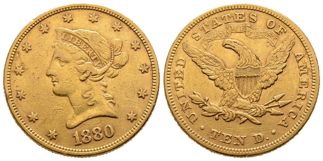 PEUS 9579 USA 15,05 g Feingold. Coronet Head 10 Dollars GOLD 1880 Kratzer, sehr schön
