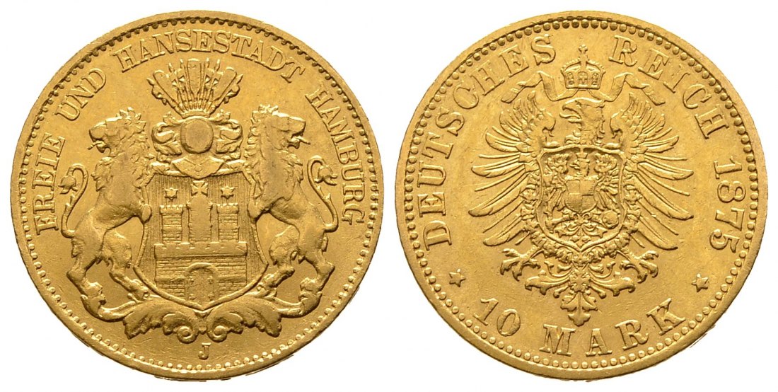 PEUS 9584 Kaiserreich-Hamburg 3,58 g Feingold. Stadtwappen - Kleiner Adler 10 Mark GOLD 1875 J Sehr schön / Vorzüglich