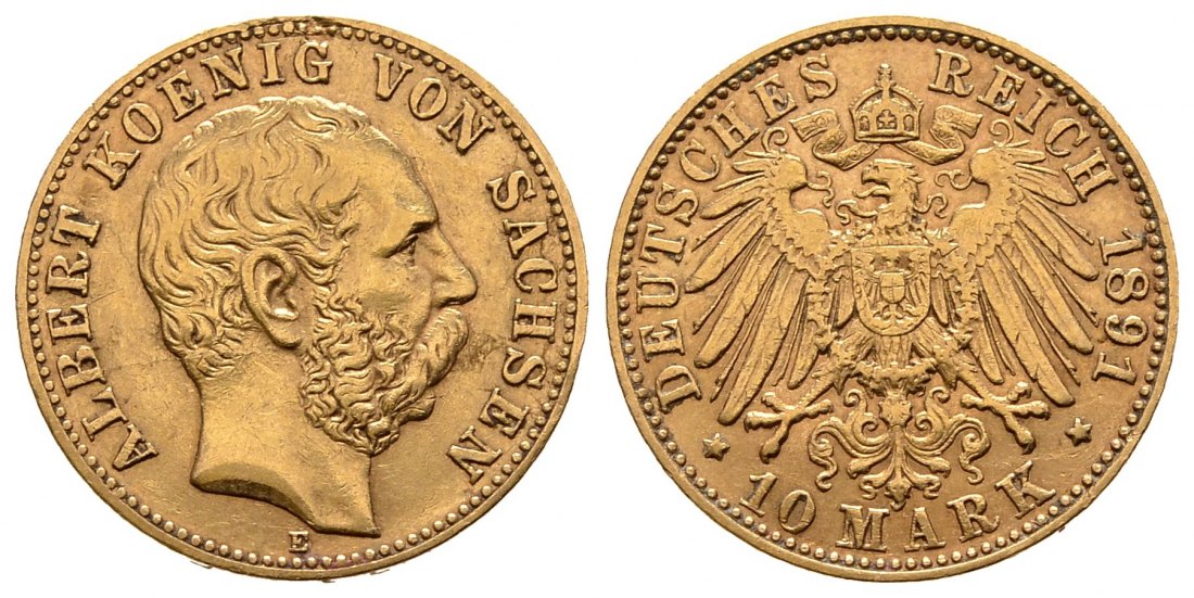 PEUS 9586 Sachsen - Kaiserreich 3,58 g Feingold. Albert (1873 - 1902) 10 Mark GOLD 1891 E Randfehler, Sehr schön