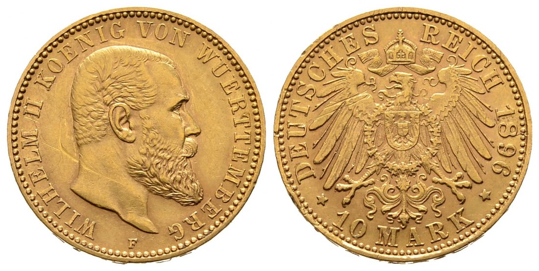 PEUS 9587 Kaiserreich - Württemberg 3,58 g Feingold. Wilhelm II. (1891 - 1918) 10 Mark GOLD 1896 F Kratzer, Randfehler, sehr schön