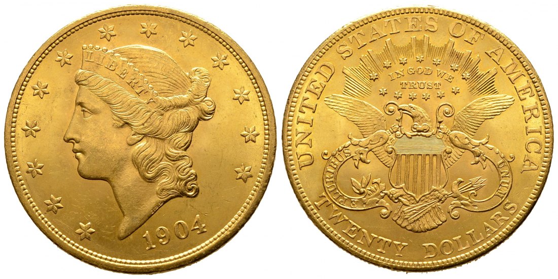 PEUS 9590 USA 30,1 g Feingold. Coronet Head 20 Dollars GOLD 1904 Winzige Kratzer, Vorzüglich