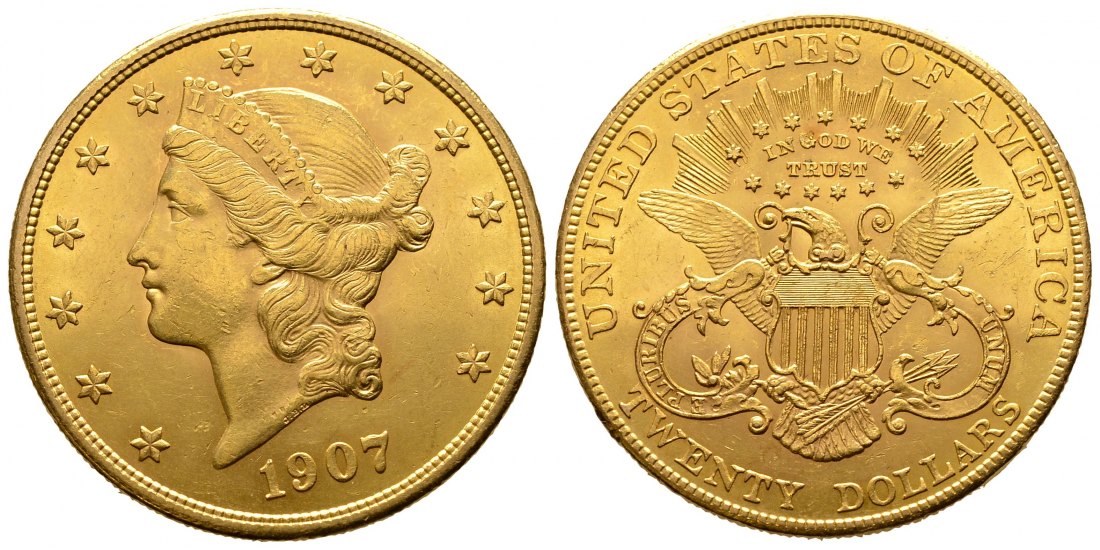 PEUS 9591 USA 30,1 g Feingold. Coronet Head 20 Dollars GOLD 1907 Kl. Kratzer, fast Vorzüglich