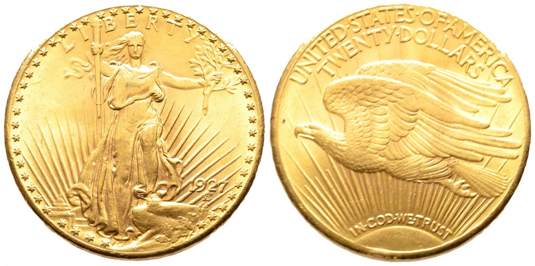 PEUS 9592 USA 30,1 g Feingold 20 Dollars GOLD 1927 Randfehler, fast vorzüglich