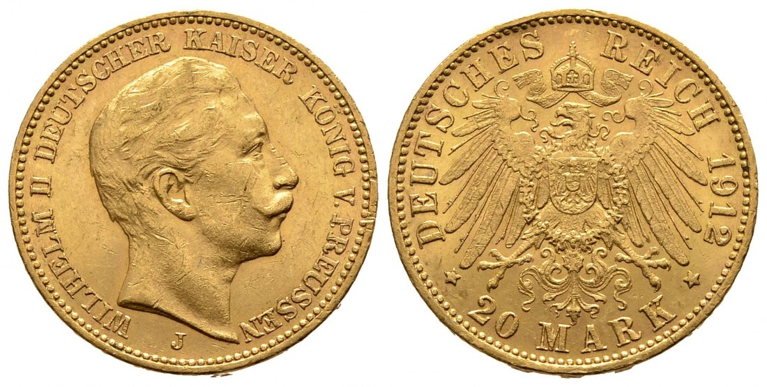 PEUS 9595 Preußen - Kaiserreich 7,17 g Feingold. Wilhelm II. (1888 - 1918) 20 Mark GOLD 1912 J Hamburg Kl. Randfehler, Sehr schön/Sehr schön +