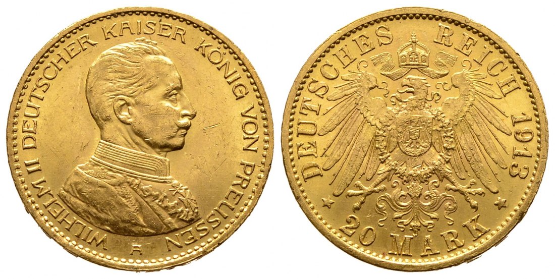 PEUS 9596 Preußen - Kaiserreich 7,17 g Feingold. Kaiser Wilhelm II. (1888 - 1918) in Kürassieruniform 20 Mark GOLD 1913 A Kl. Kratzer, fast Vorzüglich
