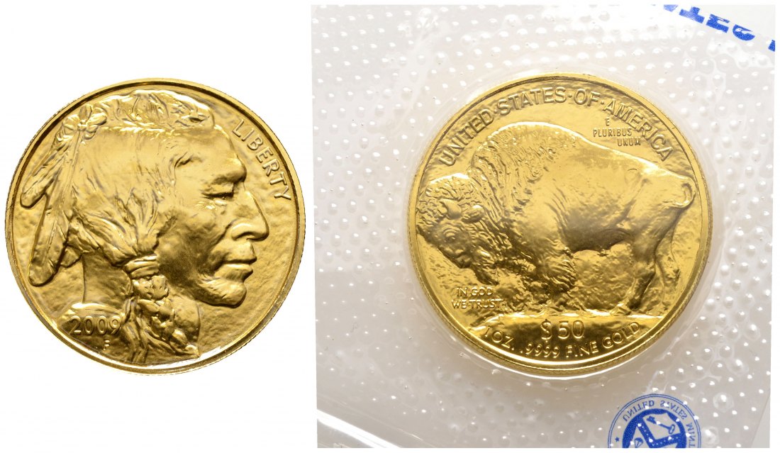 PEUS 9597 USA 31,1 g Feingold. Indianerkopf / Bison 50 Dollars GOLD Unze 2009 F Uncirculated (eingeschweißt)