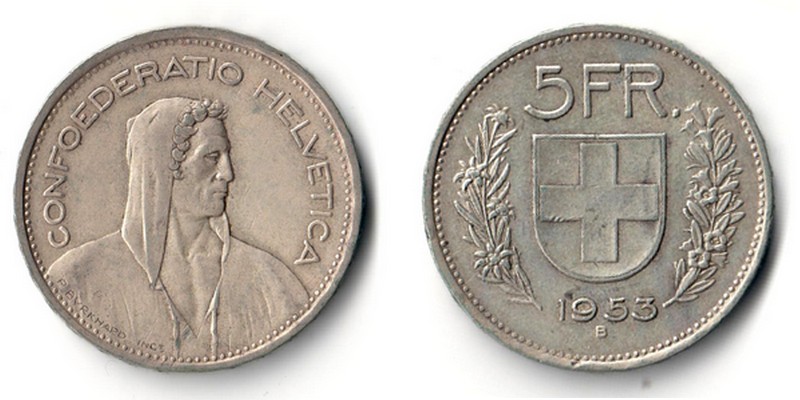  Schweiz  5 Franken  1953  FM-Frankfurt   Feinsilber: 12,53g   