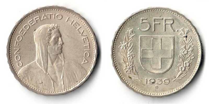  Schweiz  5 Franken  1939  FM-Frankfurt   Feinsilber: 12,53g   