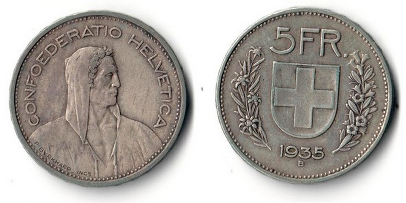  Schweiz  5 Franken  1935  FM-Frankfurt   Feinsilber: 12,53g   