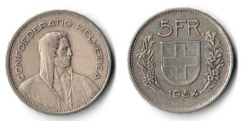  Schweiz  5 Franken  1954  FM-Frankfurt   Feinsilber: 12,53g   