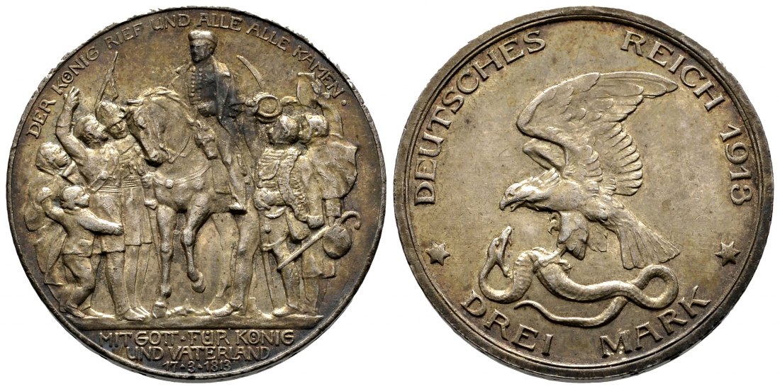 PEUS 9610 Kaiserreich - Preußen 200 Jahre Befreiungskriege gegen Frankreich 3 Mark 1913 Sehr schön +