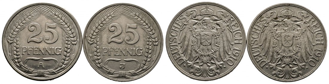 PEUS 9615 Deutsches Reich  25 Pfennig Lot (2 Münzen) 1910 A + J Vorzüglich / Sehr schön