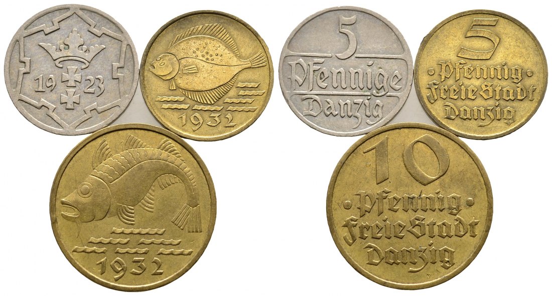 PEUS Danzig Dorsch (nordd. Pomuchel) Pfennig Lot (3 Münzen) 1923 + 1932 Meist sehr schön