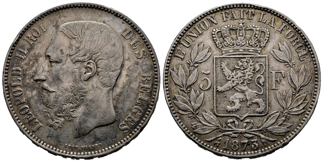 PEUS 9617 Belgien 22,5 g Feinsilber. Leopold II. (1865 - 1909) 5 Francs 1873 Sehr schön