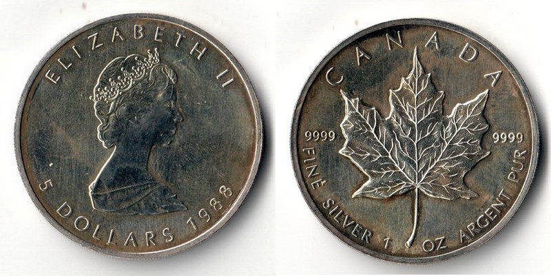  Kanada  5 Dollar  1988   Maple Leaf    FM-Frankfurt   Feinsilber: 31,1g   