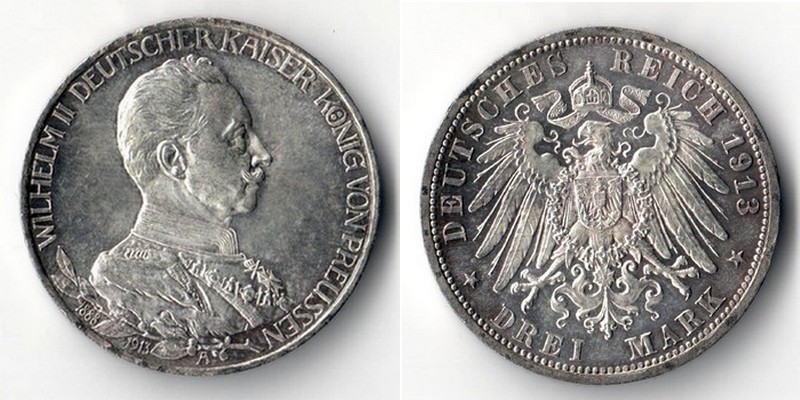  Preussen, Kaiserreich  3 Mark  1913 A  Wilhelm II. 18888-1918   FM-Frankfurt Feinsilber: 15g   
