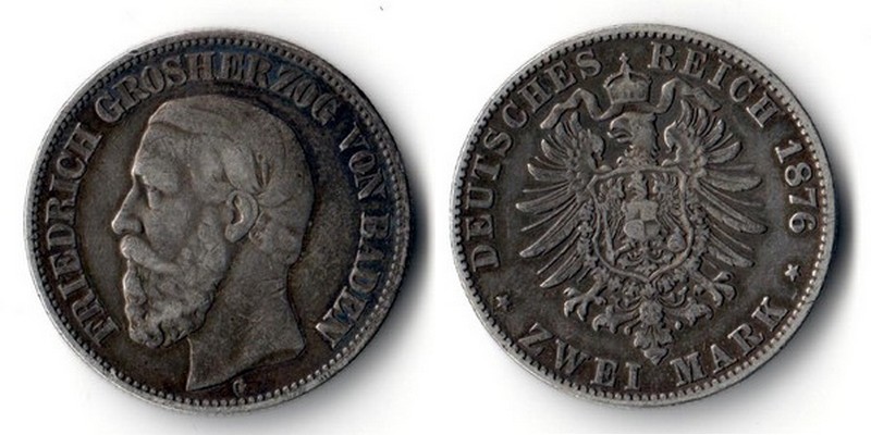  Baden, Kaiserreich  2 Mark  1876 G   Friedrich I. 1856-1907    FM-Frankfurt Feinsilber: 10g   