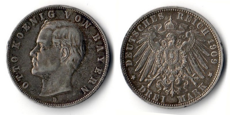  Bayern, Kaiserreich  3 Mark  1909 D  Otto  1886-1913    FM-Frankfurt    Feinsilber: 15g   
