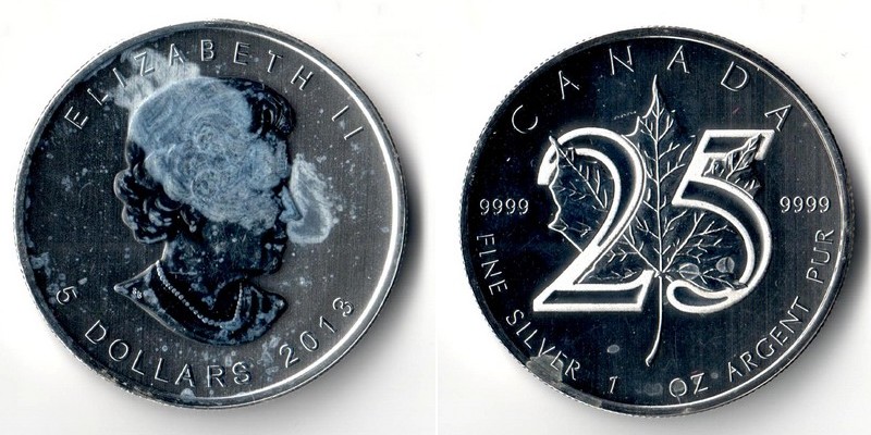  Kanada  5 Dollar 2013  Large 25 on Meaple Leaf    FM-Frankfurt    Feinsilber: 31,1g   