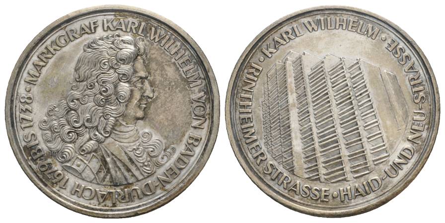  K.Wilh. v. Baden-Durlach, versilb. Messingmedaille, 20.Jh., kl.Hksp.; 23,83 g; Ø 40,44 mm   