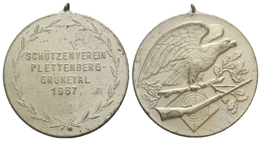  Plettenberg-Grünetal, versilb. Bronzemedaille, Schützenverein, 1967; 18,90 g; Ø 38,51 mm   