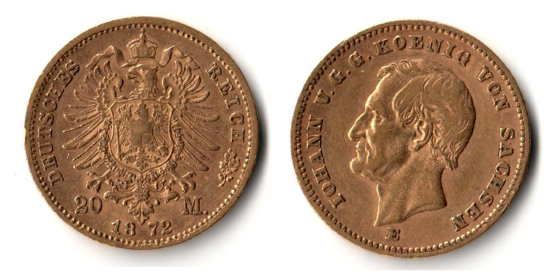 Sachsen, Kaiserreich   20 Mark MM-Frankfurt Feingold: 7,17g 1872 E   Johann 1854-1873  