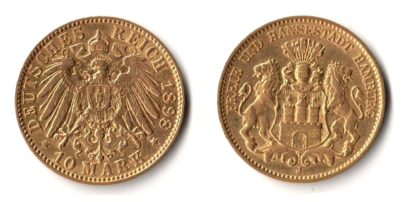 Hamburg, Kaiserreich  10 Mark MM-Frankfurt Feingold: 3,58g 1898 J  