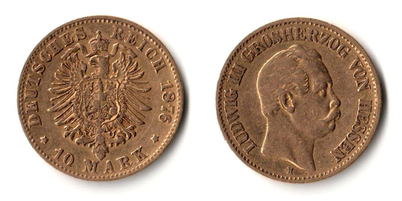Hessen, Kaiserreich  10 Mark MM-Frankfurt   Feingold: 3,59g 1876 H Ludwig III. 1848-1877  
