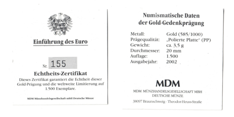 BRD  Goldmedaille  2002 MM-Frankfurt   Feingold: 2,05g Introduction of the Euro  