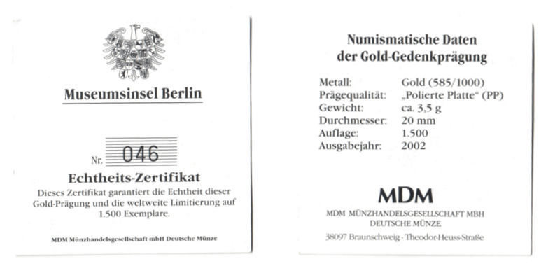 BRD  Goldmedaille  2002 MM-Frankfurt   Feingold: 2,05g Museum Island Berlin  