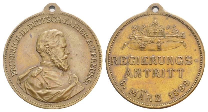  Friedrich III., Bronzemedaille, Regierungsantritt, 1888; 15,27 g; Ø 30,37 mm   