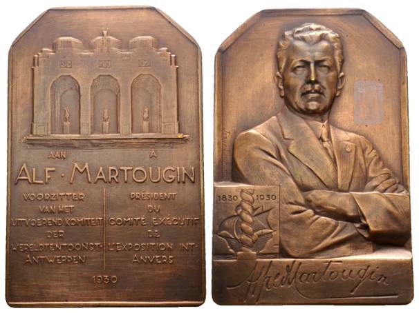  Belgien, Bronzeplakette, Dupon: ALFRED MARTOUGIN; 137,87 g; 53,69 x 82,42 mm   