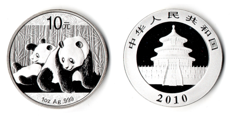  China  10 Yuan  2010  Two Pandas, one laying on back   FM-Frankfurt  Feinsilber: 31,1g   