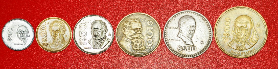  # EMISSION SET: MEXICO ★ 10-20-50-100-500-1000 PESOS 6 COINS 1985-1989! LOW START ★ NO RESERVE!   