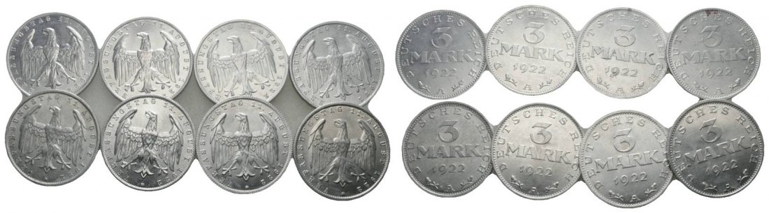  Weimarer Republik, 3 Mark, 8 Kleinmünzen   
