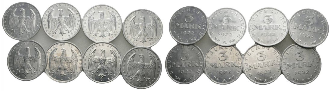  Weimarer Republik, 3 Mark, 8 Kleinmünzen   